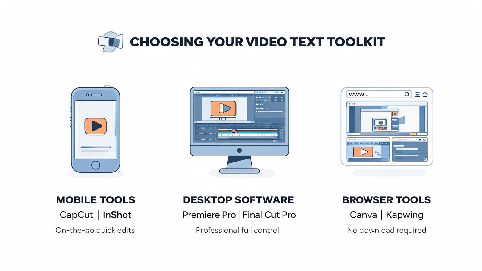 An infographic showing tools for adding text to videos including mobile apps, desktop software, and web browsers.