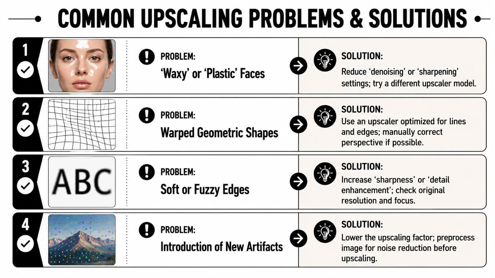 An infographic titled common upscaling problems and solutions showing four numbered examples with text explanations.