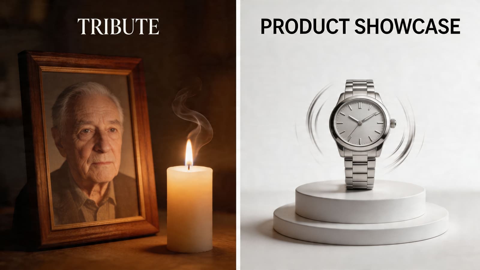 A split screen comparing a portrait of an elderly man with a candle and a digital watch.