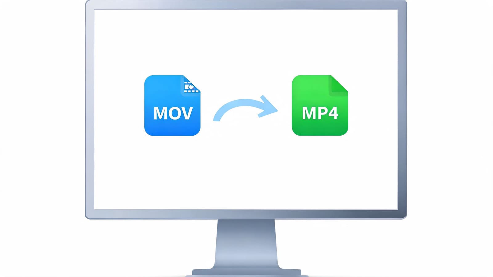 A digital graphic on a monitor screen illustrating the file conversion process from MOV to MP4 format.