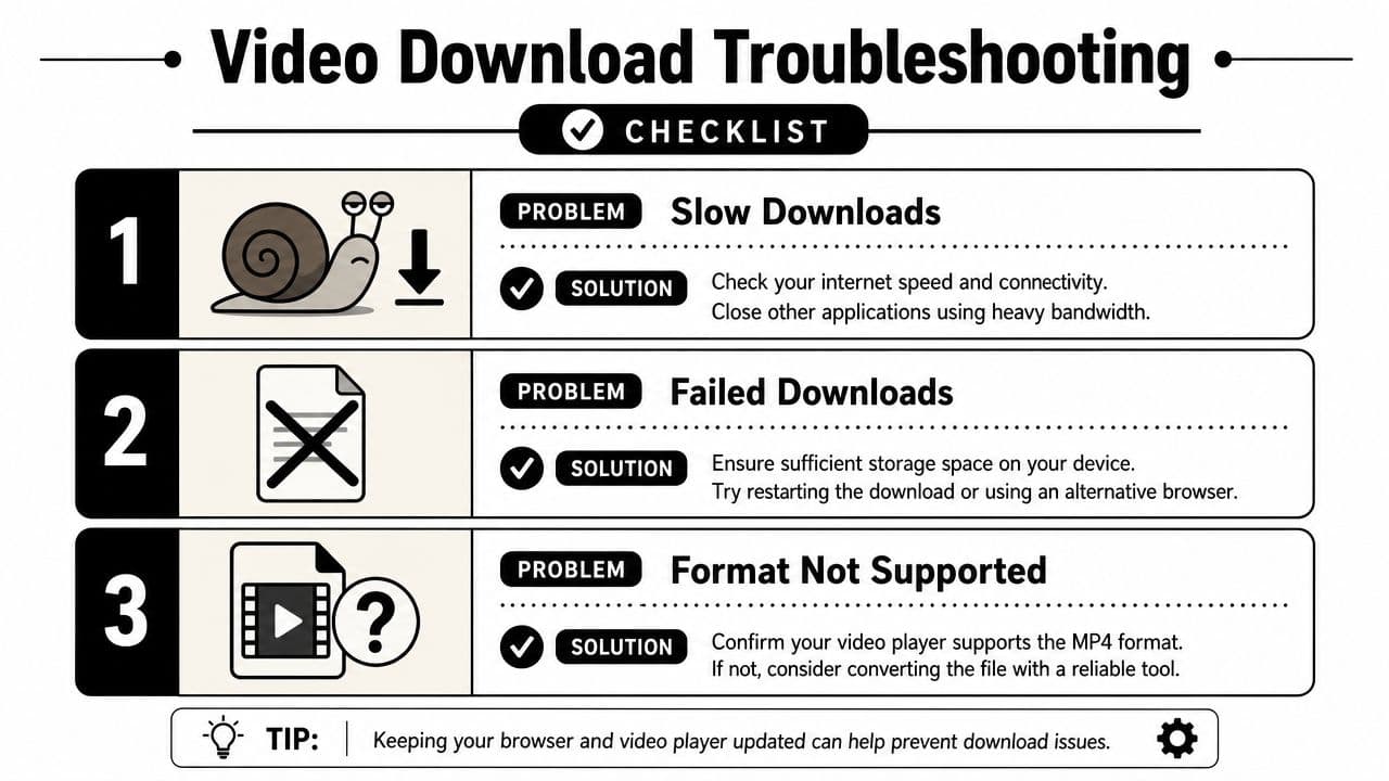 A troubleshooting checklist for fixing MP4 video download problems, including slow speeds, failed files, and format errors.