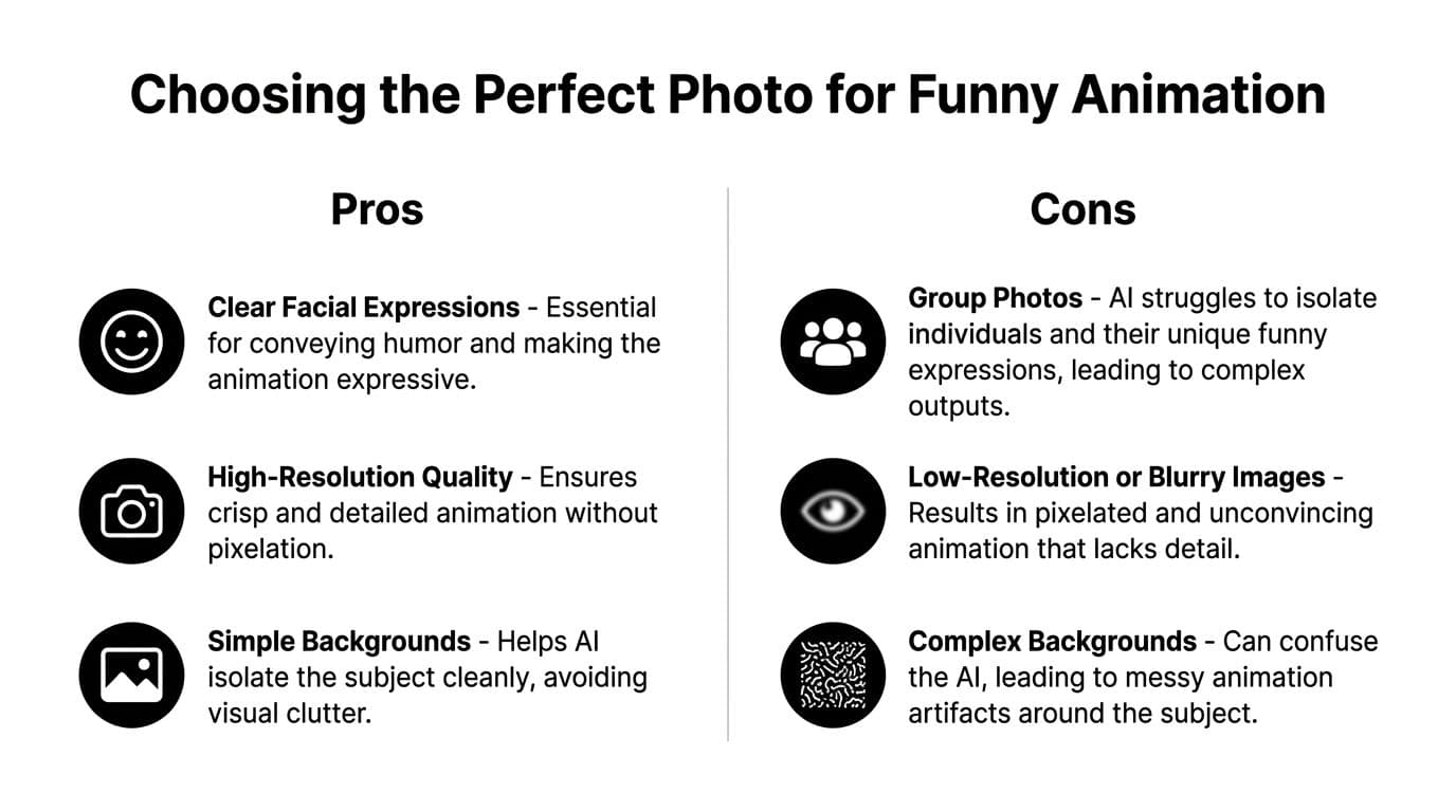 An infographic titled Choosing the Perfect Photo for Funny Animation comparing pros and cons for AI animation.