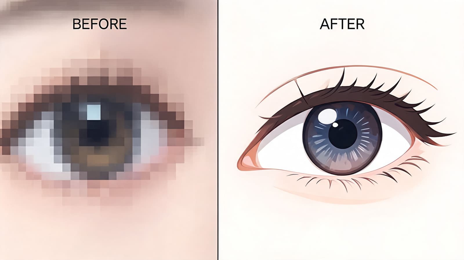 A split screen comparing a low resolution pixelated eye image on the left and a sharp, clear version.