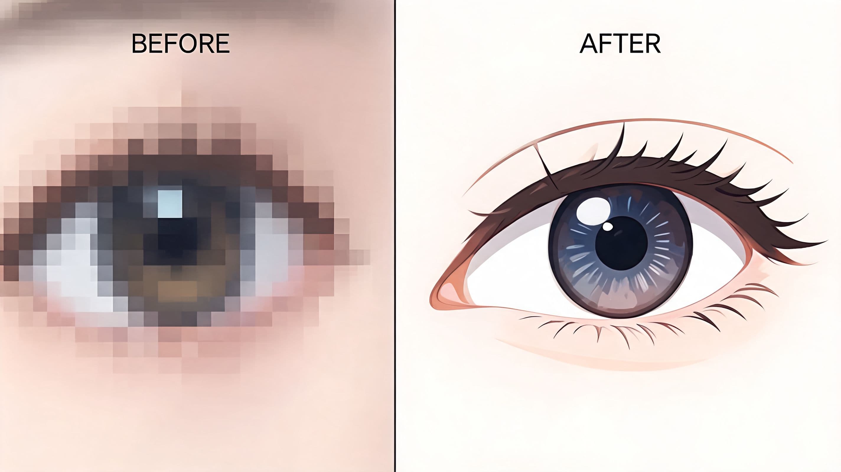 A split screen comparing a low resolution pixelated eye image on the left and a sharp, clear version.