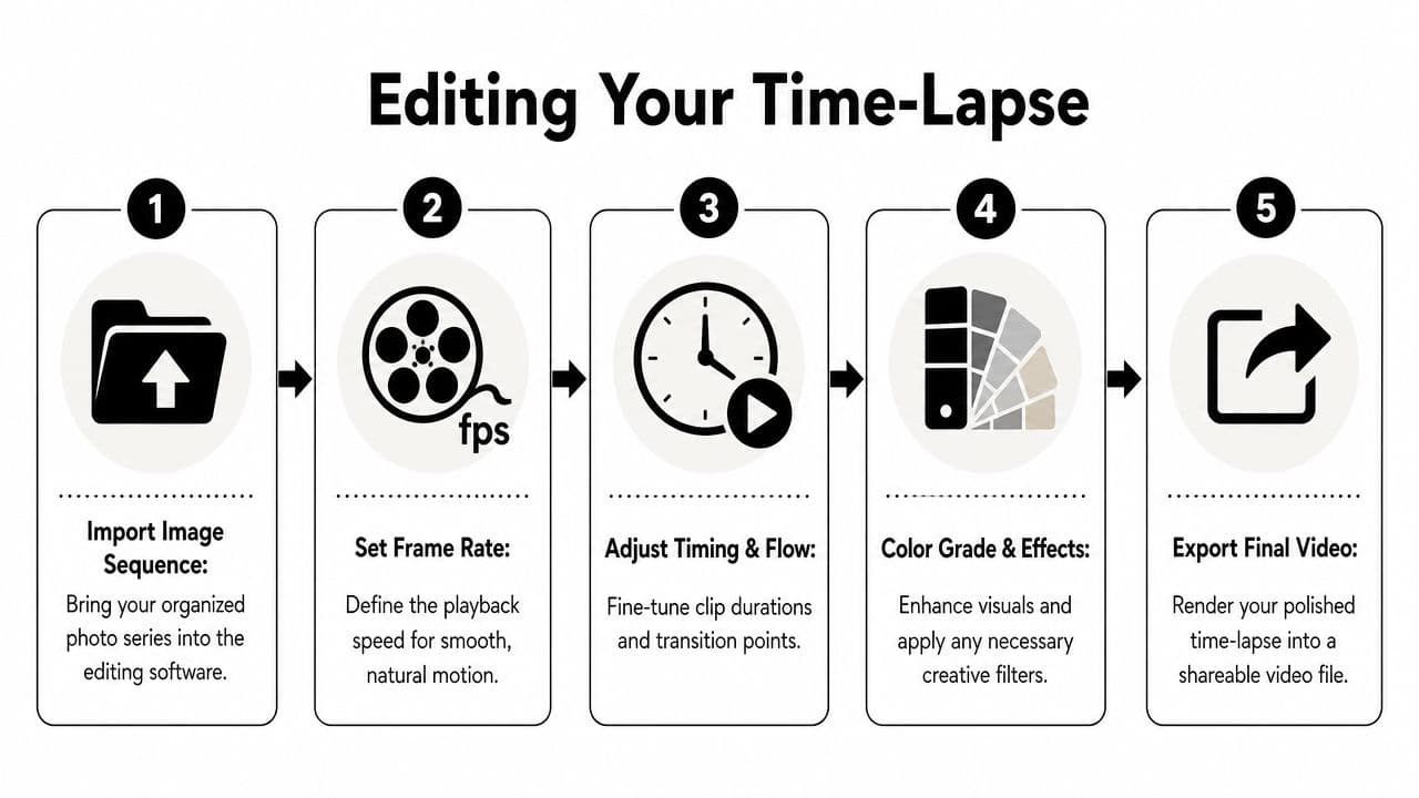A five-step infographic showing the workflow for editing a time-lapse video project using editing software.