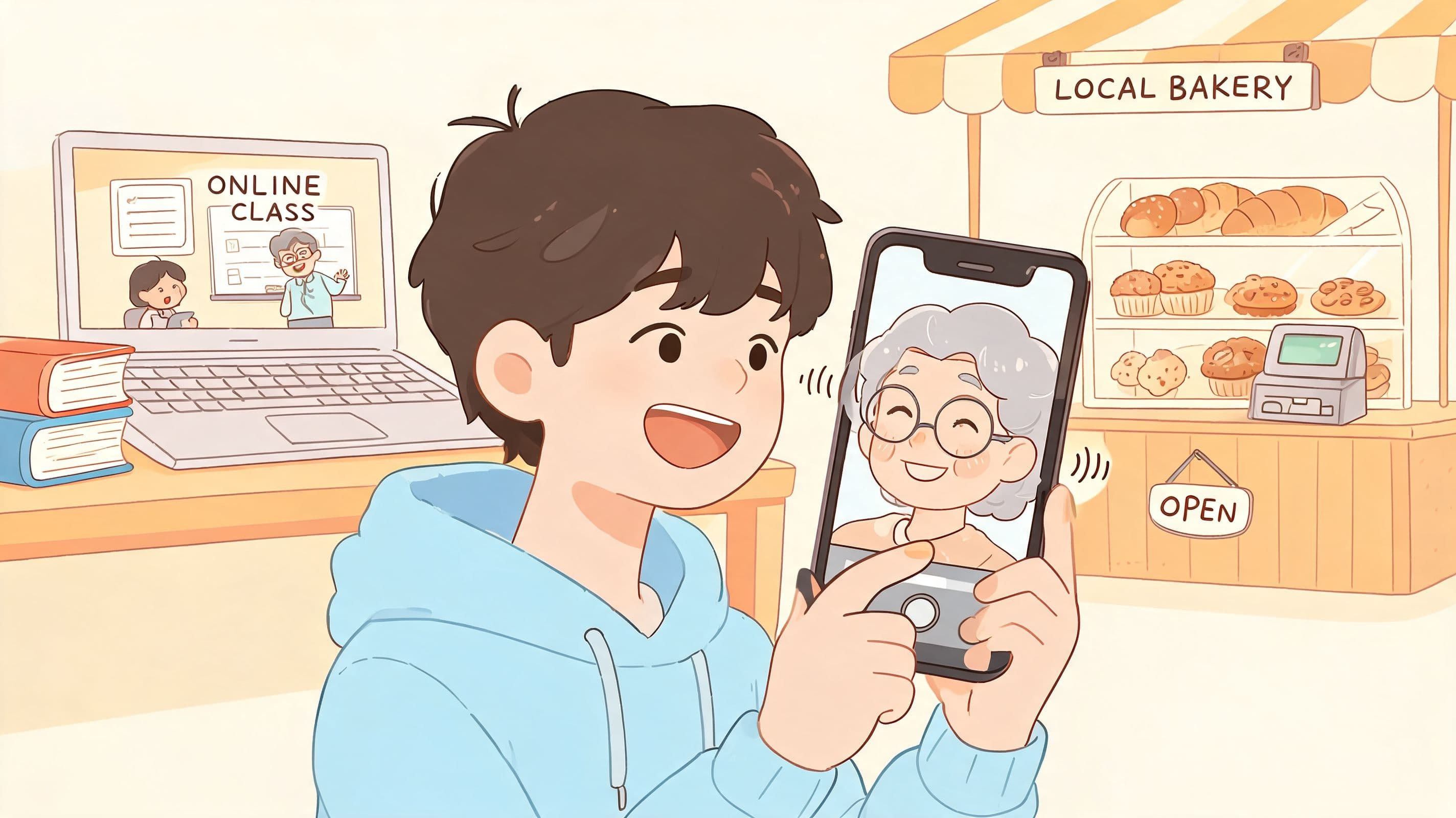 A young boy happily video calling his grandmother on a smartphone while sitting at a desk with an online class.