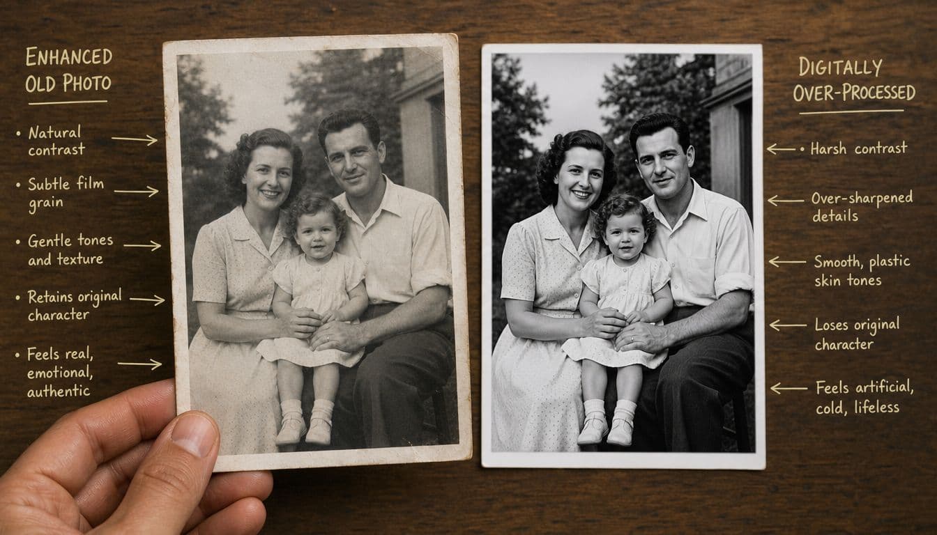 A comparison between an authentically restored vintage family photograph and a poorly over-processed digital version.