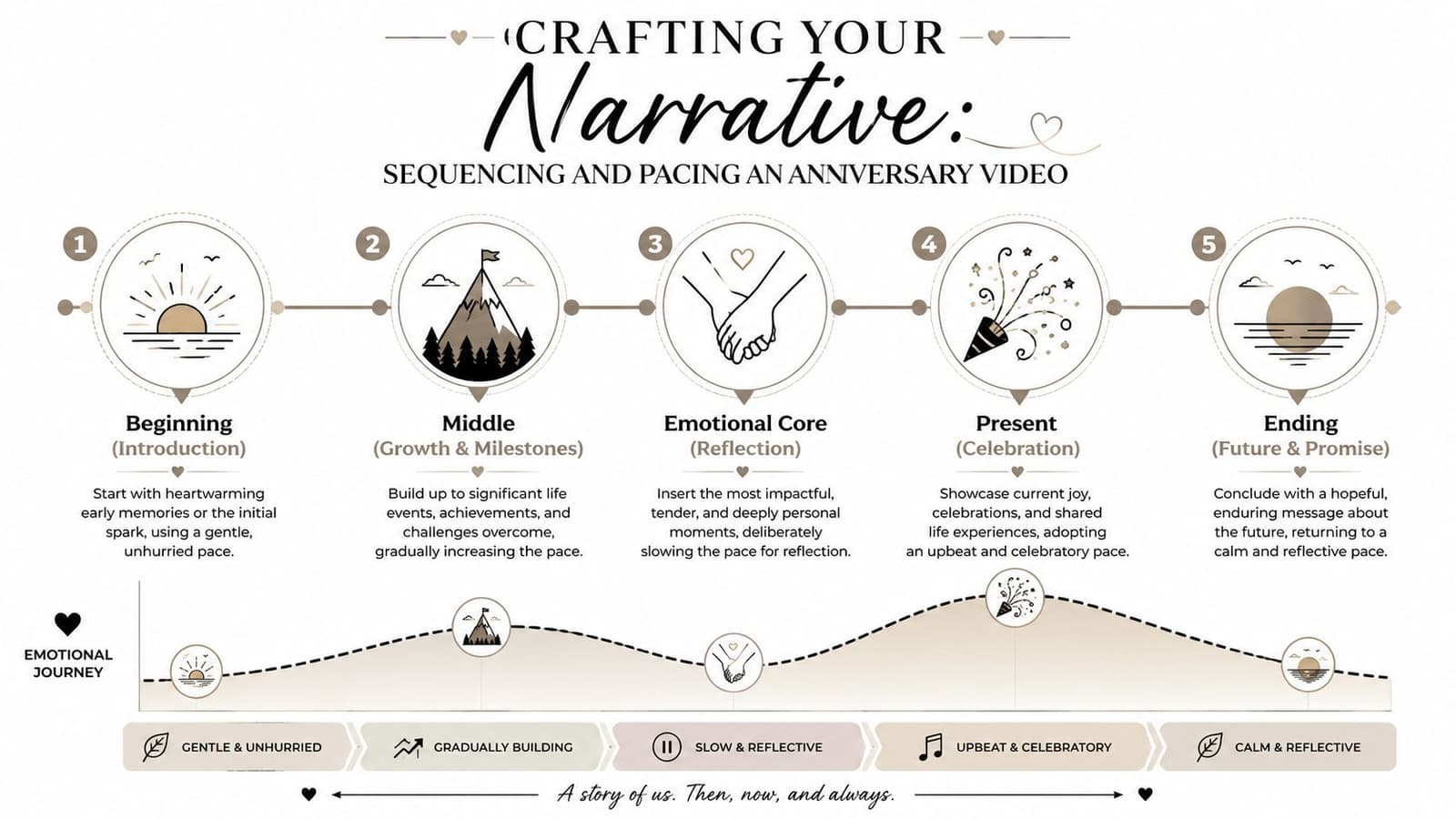 A diagram outlining the five-step process for sequencing and pacing a heartfelt anniversary video narrative.