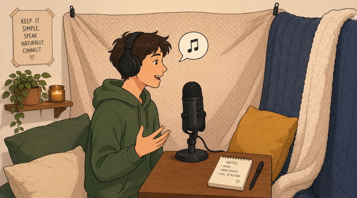 A young man wearing headphones records audio into a microphone inside a cozy, fabric-lined recording studio setup.