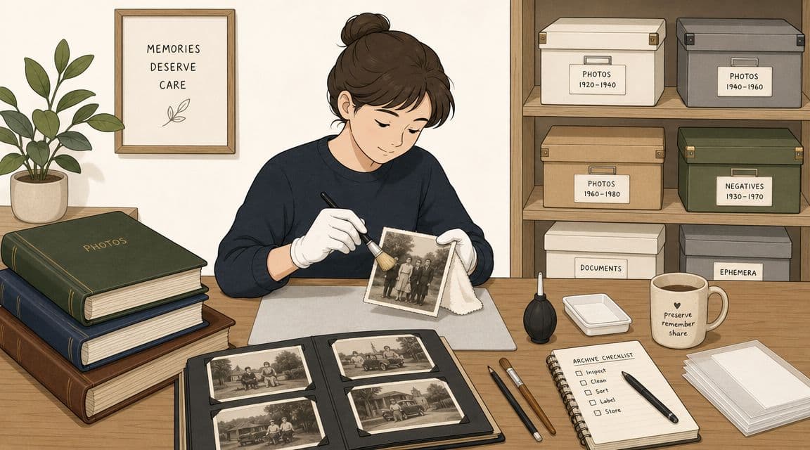 An archivist carefully cleaning an old vintage photograph with a small brush while wearing archival gloves.