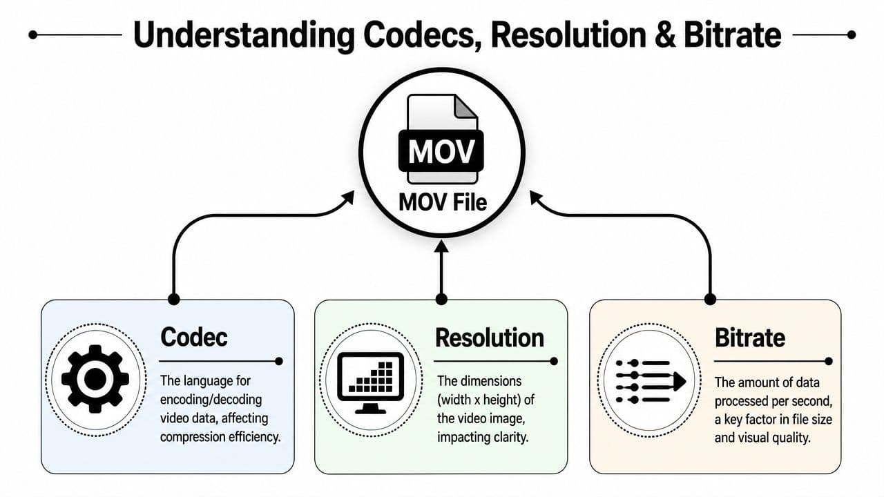 A diagram explaining how codecs, resolution, and bitrate affect MOV video files and their compression efficiency.
