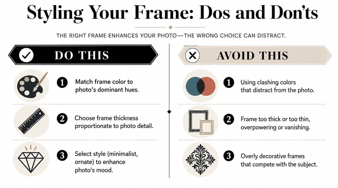 An infographic titled Styling Your Frame: Dos and Don'ts, offering advice on choosing appropriate photo frames.
