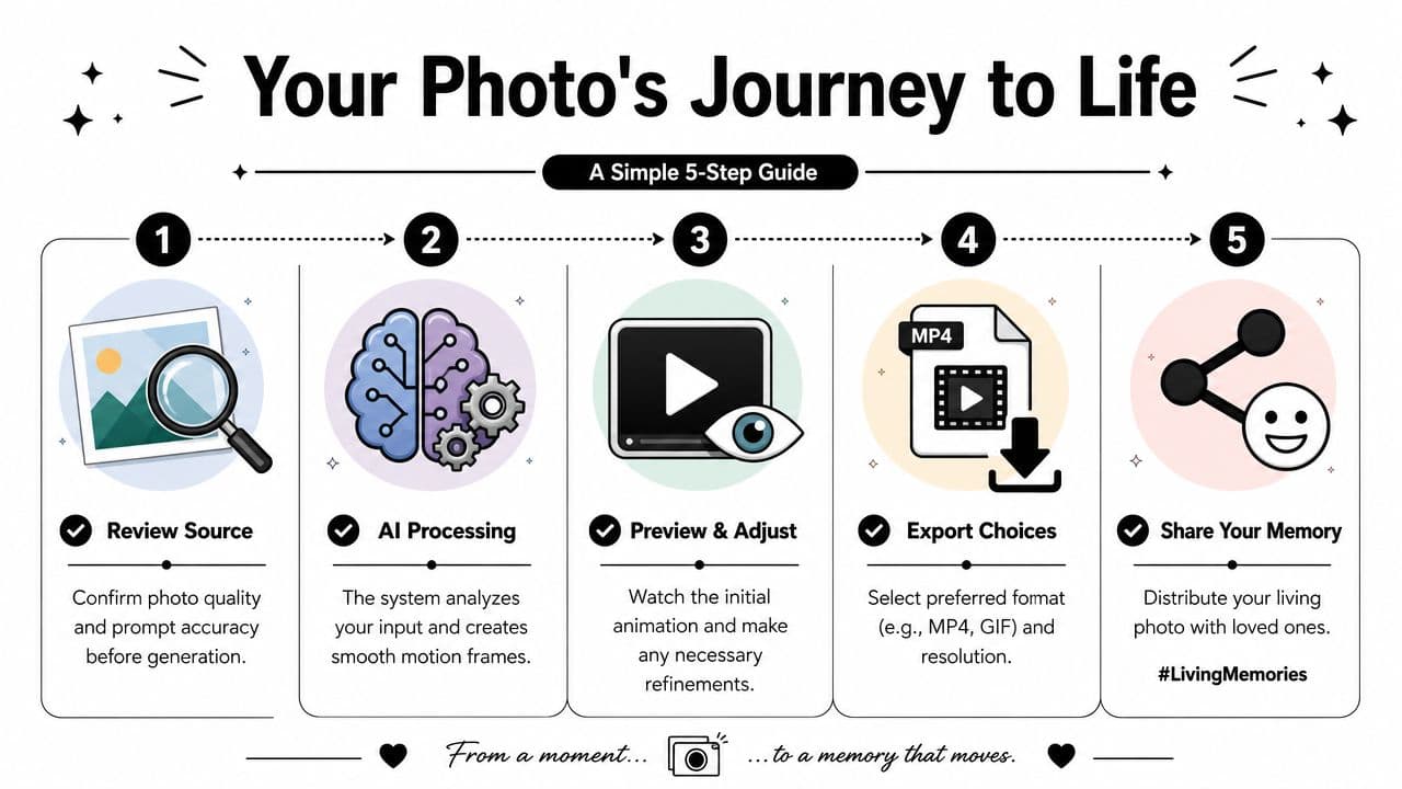A five-step infographic guide explaining how an AI tool transforms a still photo into an animated video.