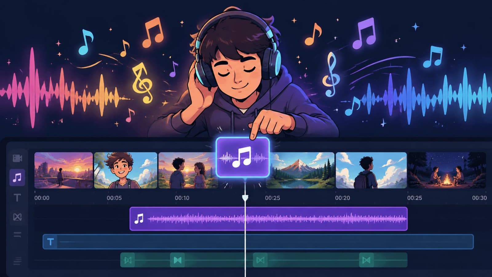 A digital artist uses video editing software to create a music-themed montage featuring animated clips and audio.