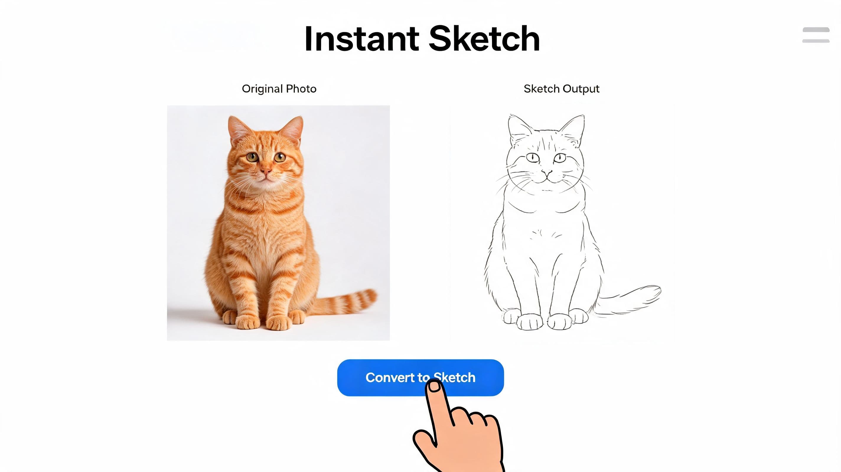 An interactive Instant Sketch tool showing an orange tabby cat photo next to its black and white sketch.