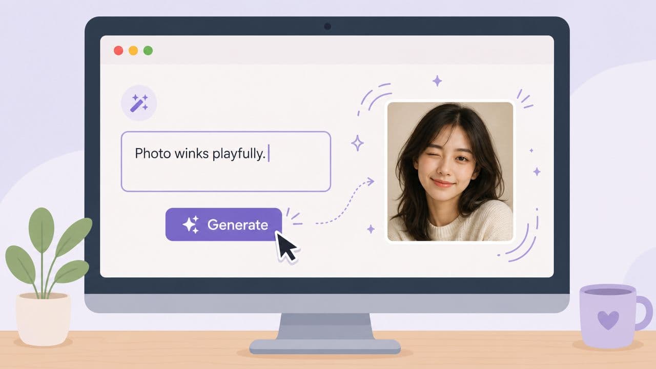 A digital screen interface showing an AI text-to-video generator tool creating a winking person animation.