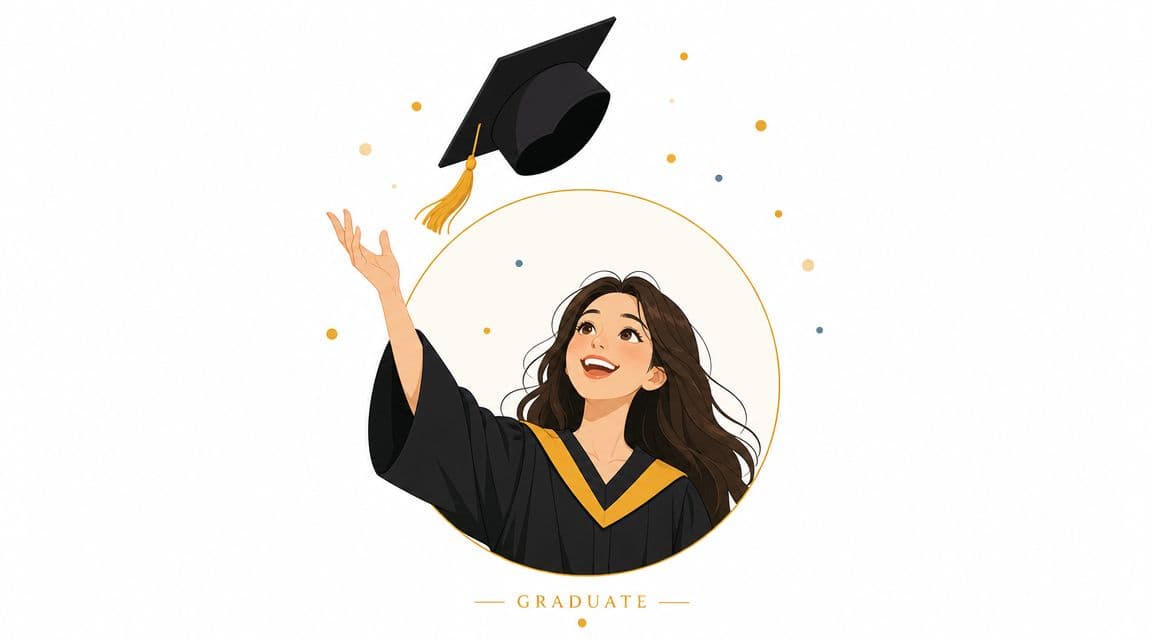A happy young woman in a graduation gown throwing her cap in the air, digital illustration style.