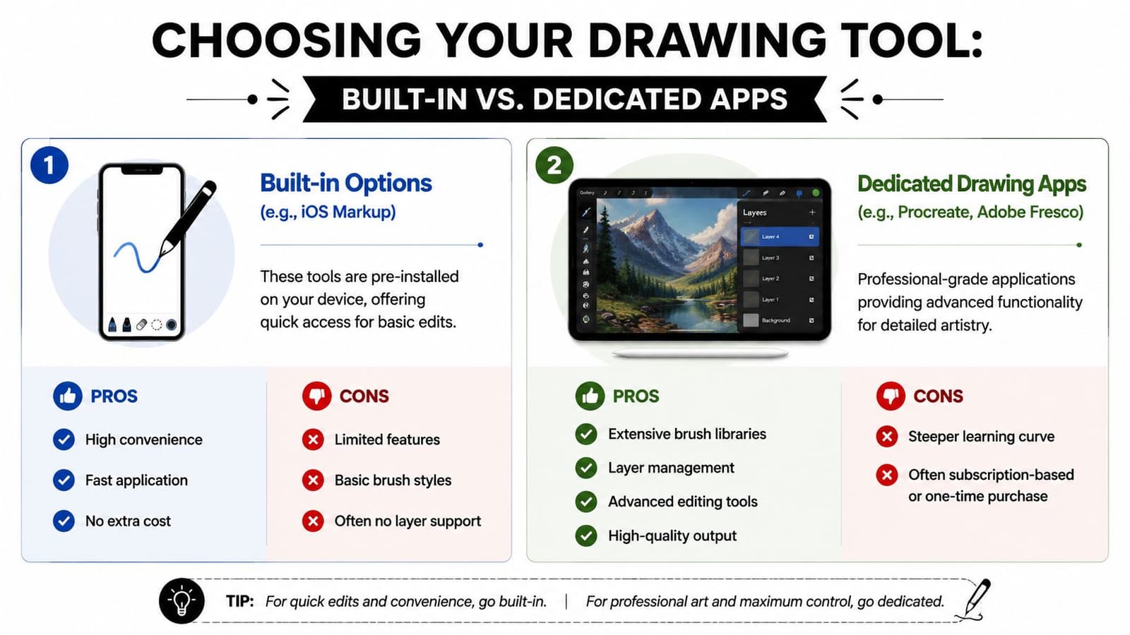 A comparison infographic between built-in device drawing tools and professional dedicated drawing applications for digital art.