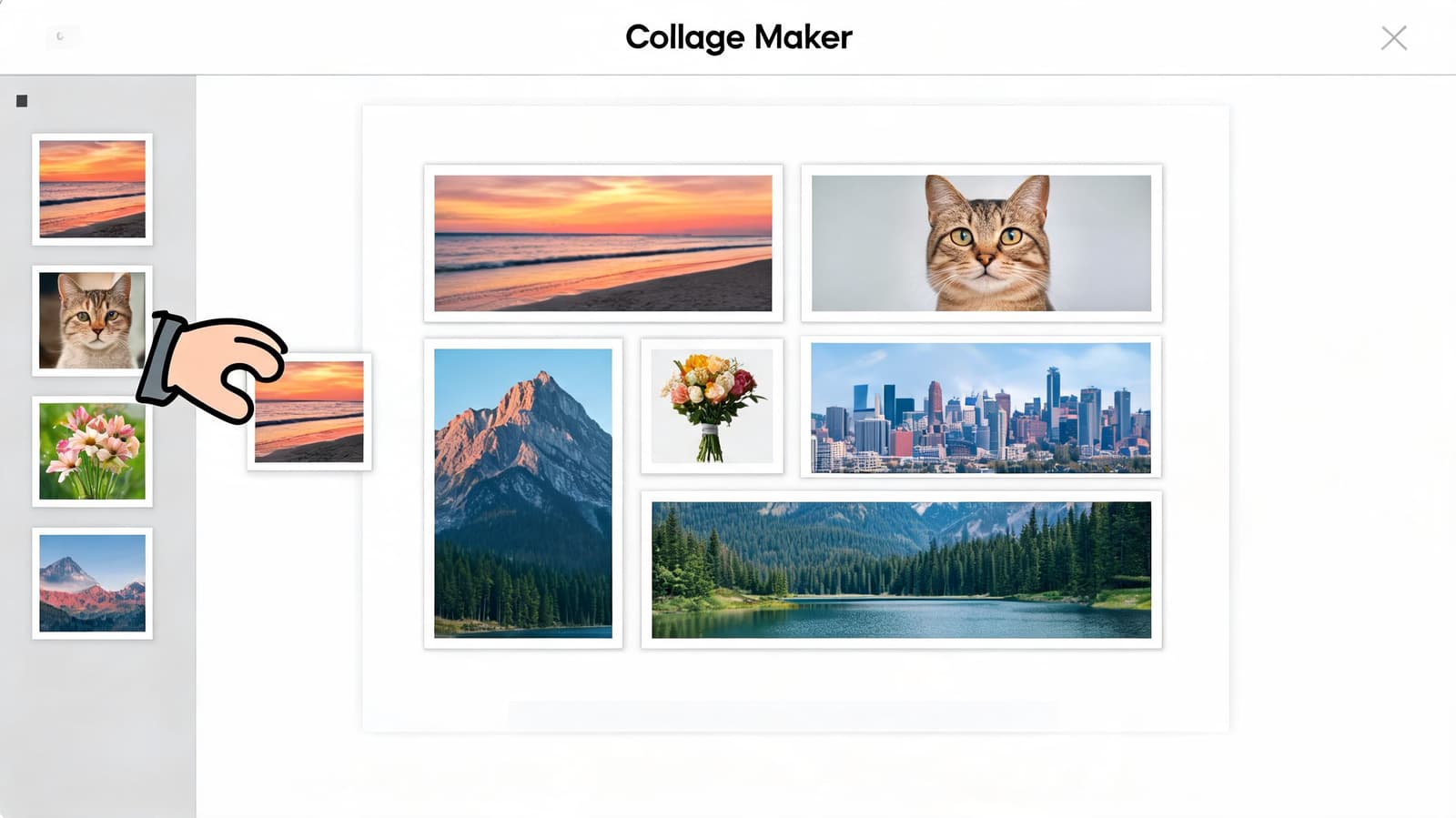 A digital collage maker interface showing a hand dragging a beach sunset photo into a photo grid layout.