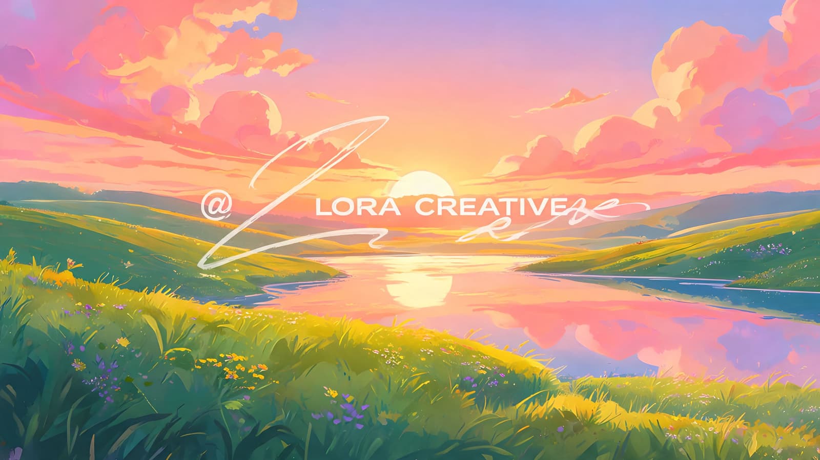 A digital painting of a beautiful sunset over a lush green meadow and a calm lake.