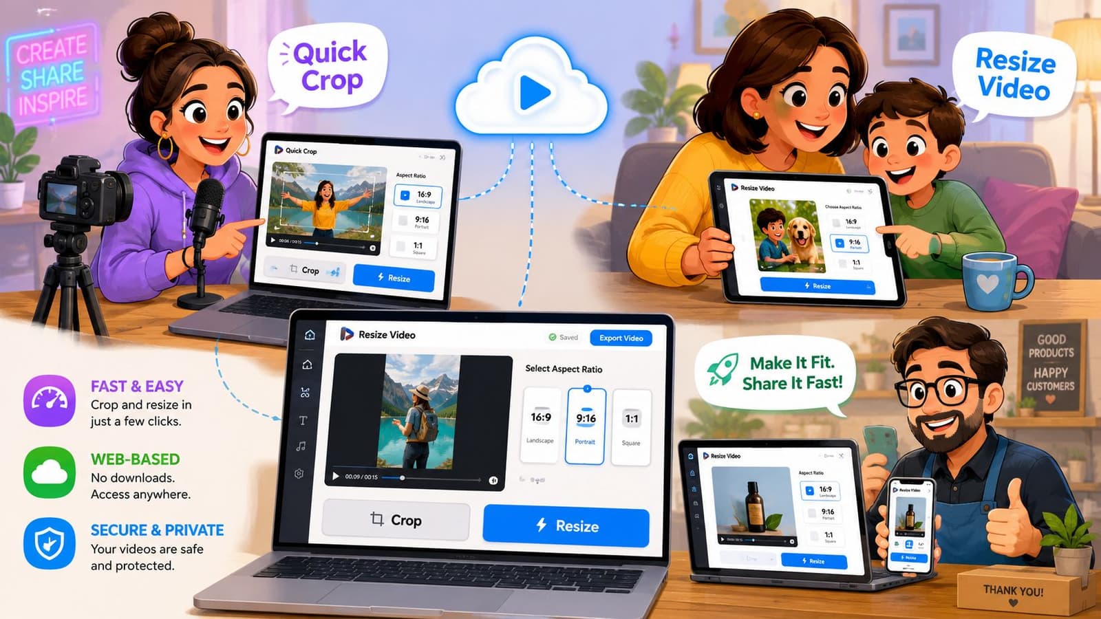 A digital illustration showing people using an online video resizing tool to adjust aspect ratios.