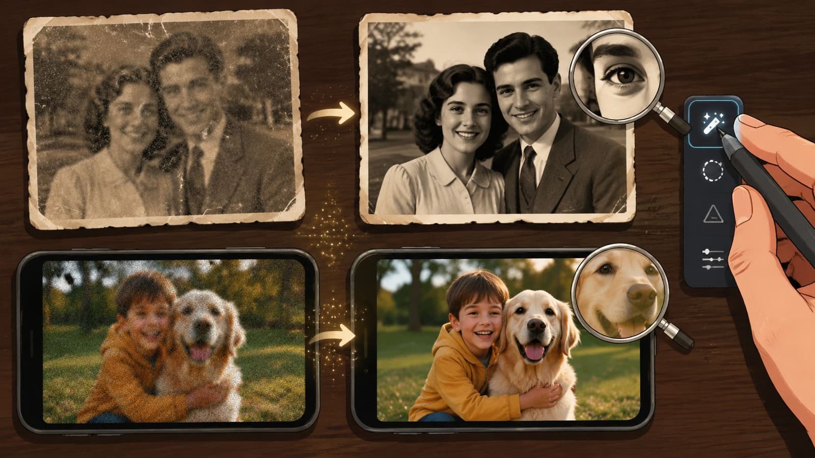 A hand using a digital tool to sharpen and enhance the clarity of old and blurry photos.
