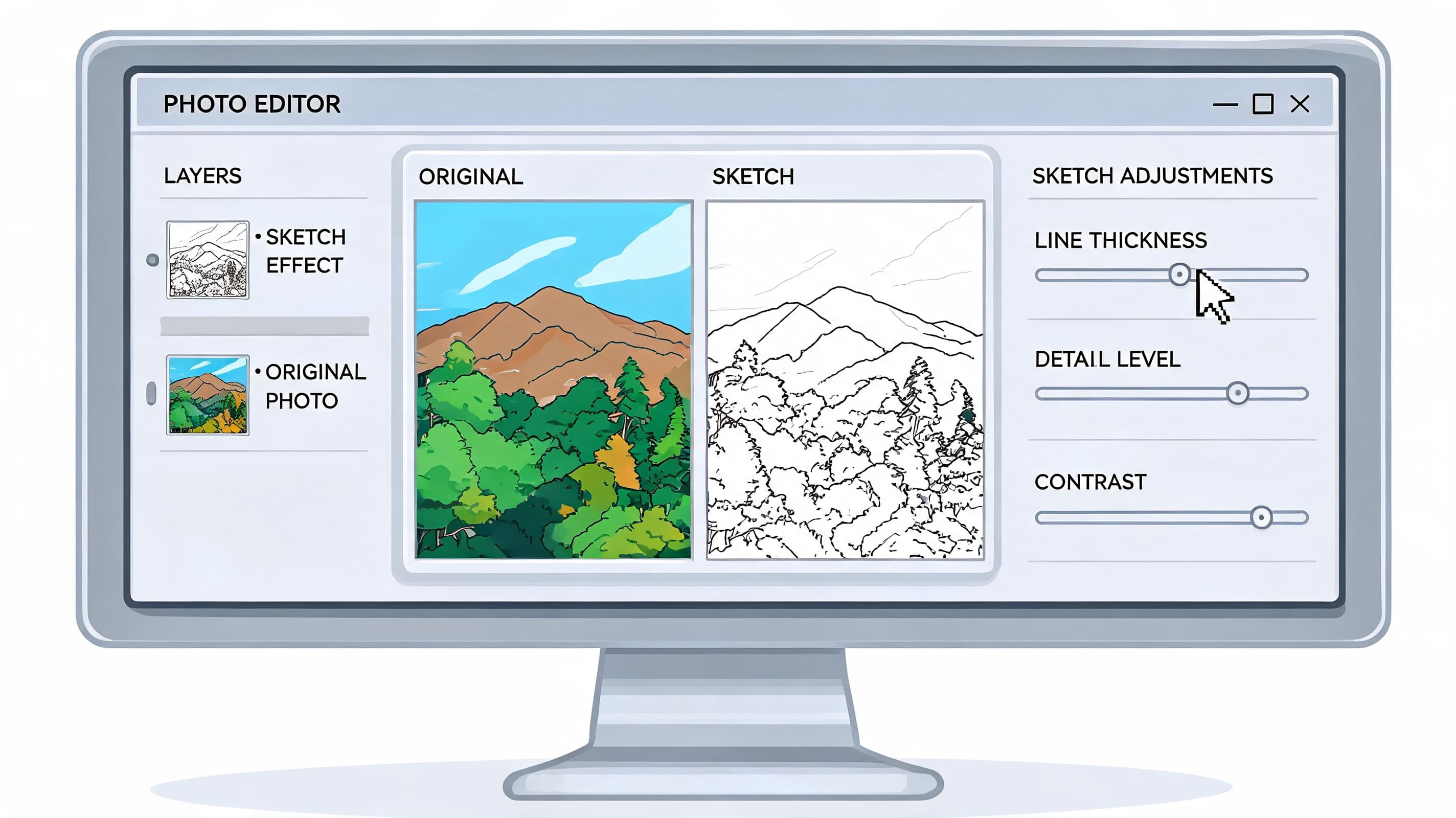 A digital photo editor interface displaying landscape images with adjustable sketch effect sliders for image manipulation.