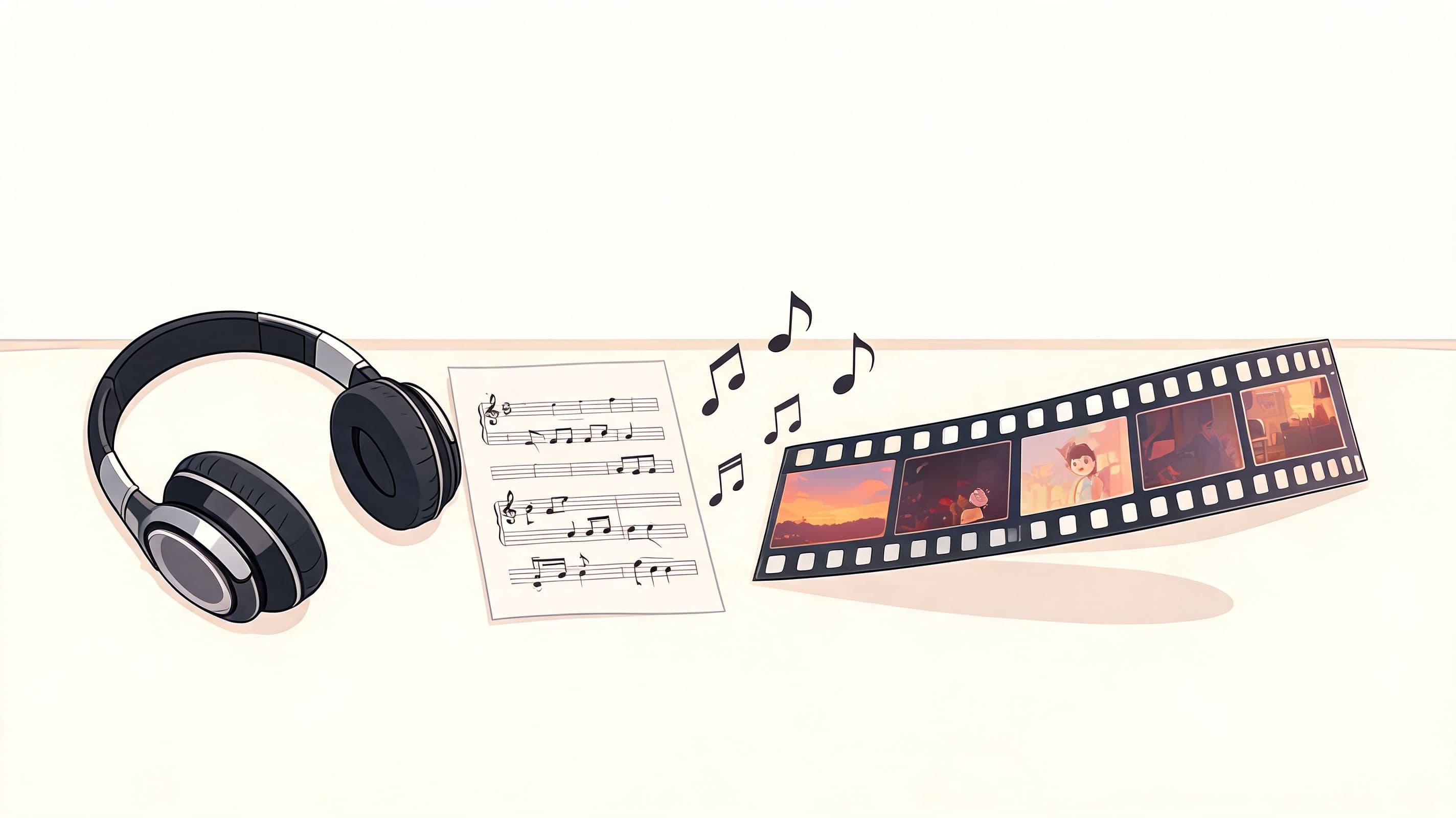 A pair of headphones, sheet music with musical notes, and a strip of photographic film on a surface.