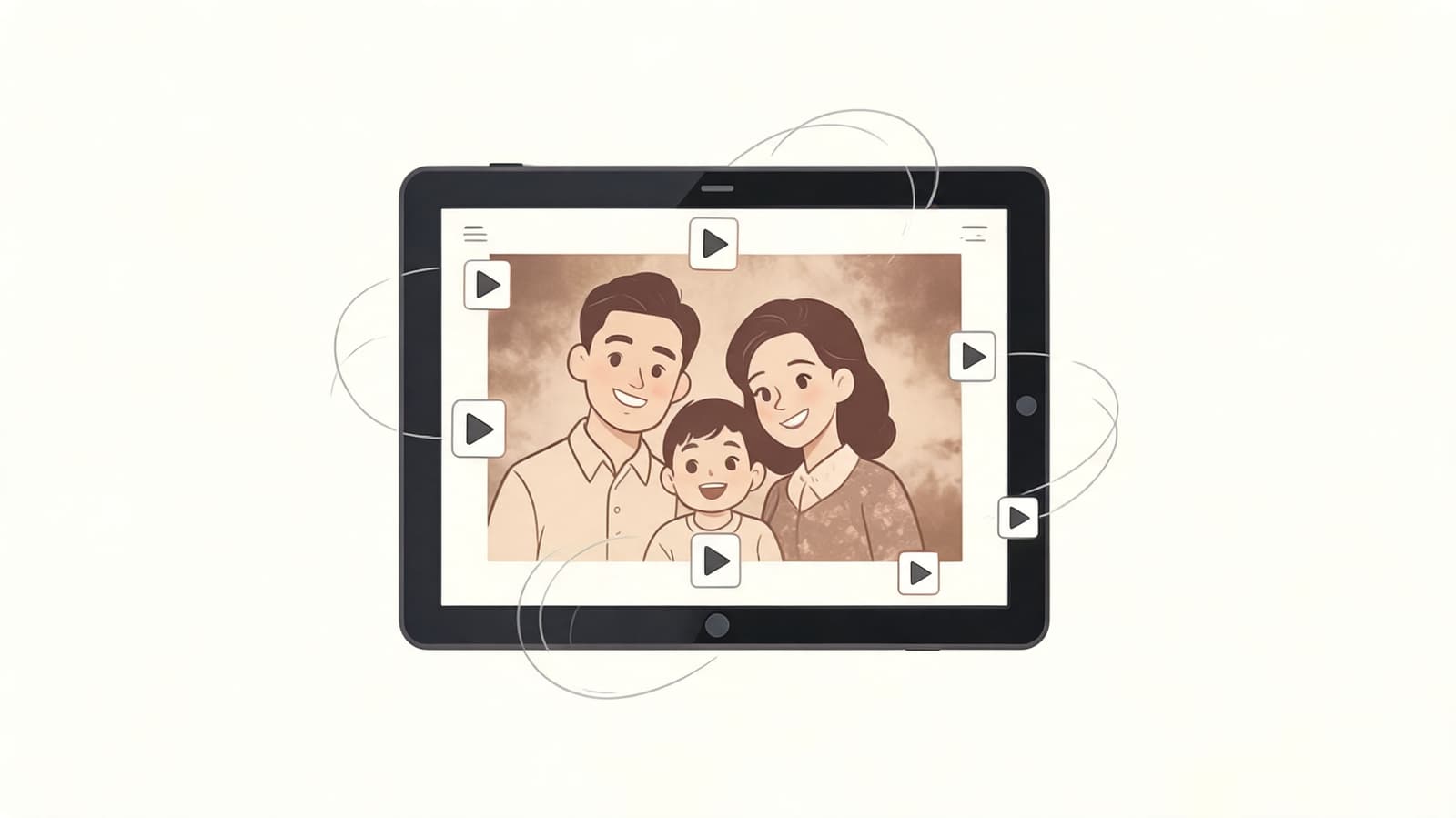 A digital tablet displaying a vintage illustration of a smiling family on its screen with floating icons.