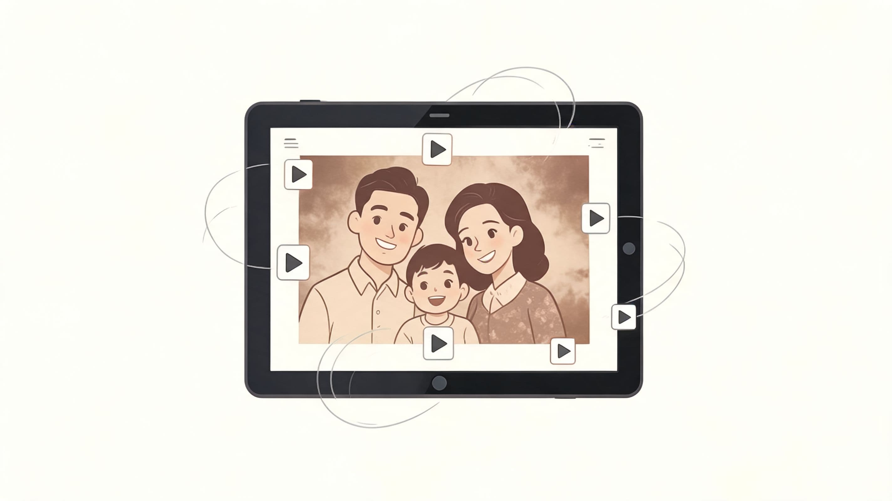 A digital tablet displaying a vintage illustration of a smiling family on its screen with floating icons.