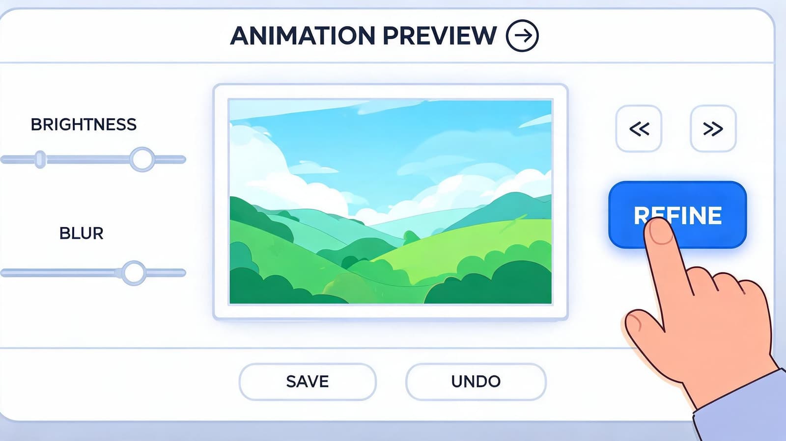 A digital interface featuring an animation preview screen with brightness and blur adjustment sliders for editing.
