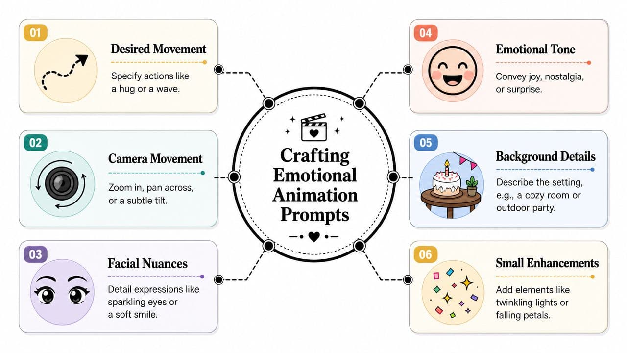 A diagram illustrating six key components for crafting emotional animation prompts for creative storytelling and video projects.