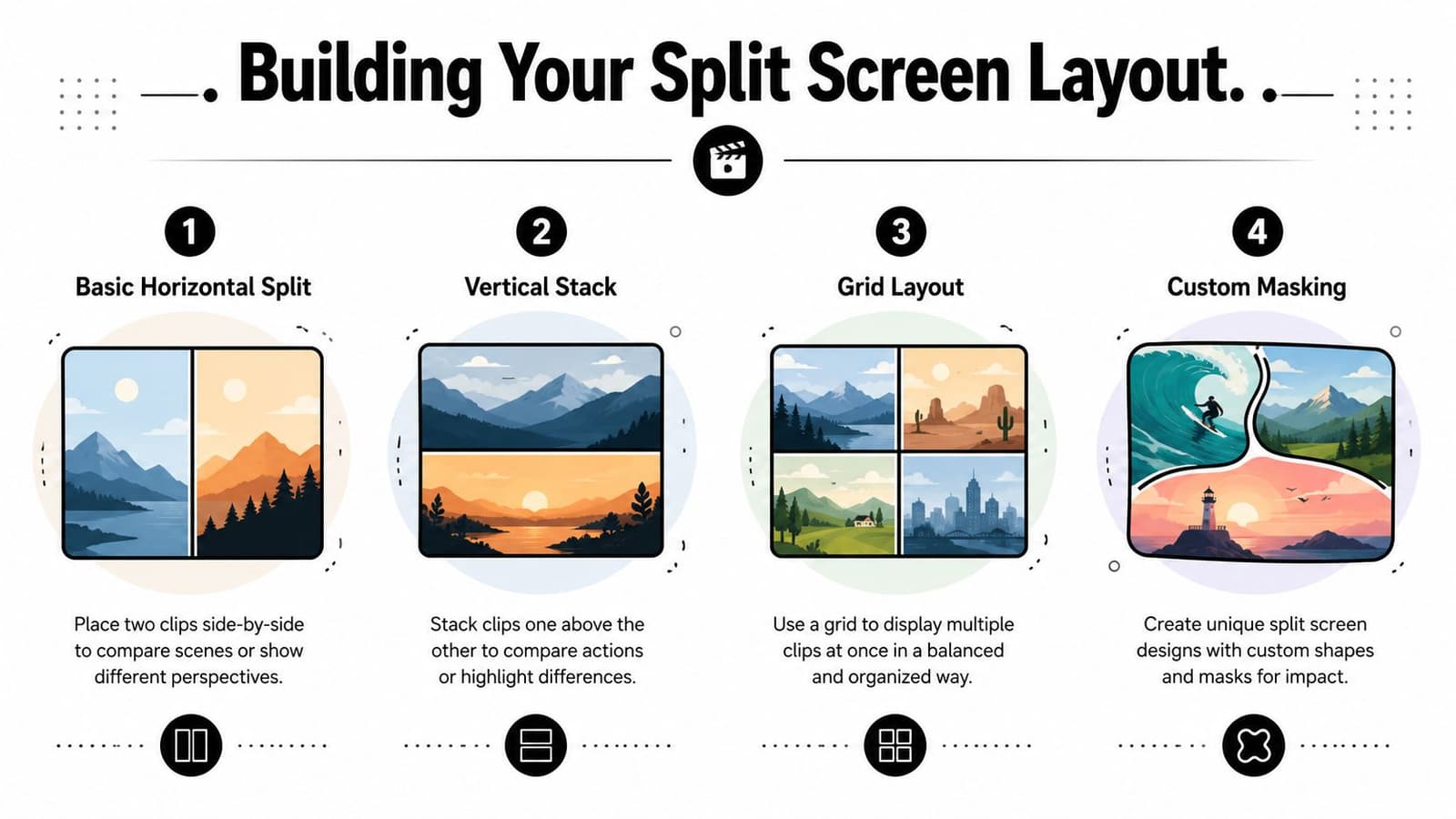 An infographic detailing four different methods for building a video split screen layout for editing.