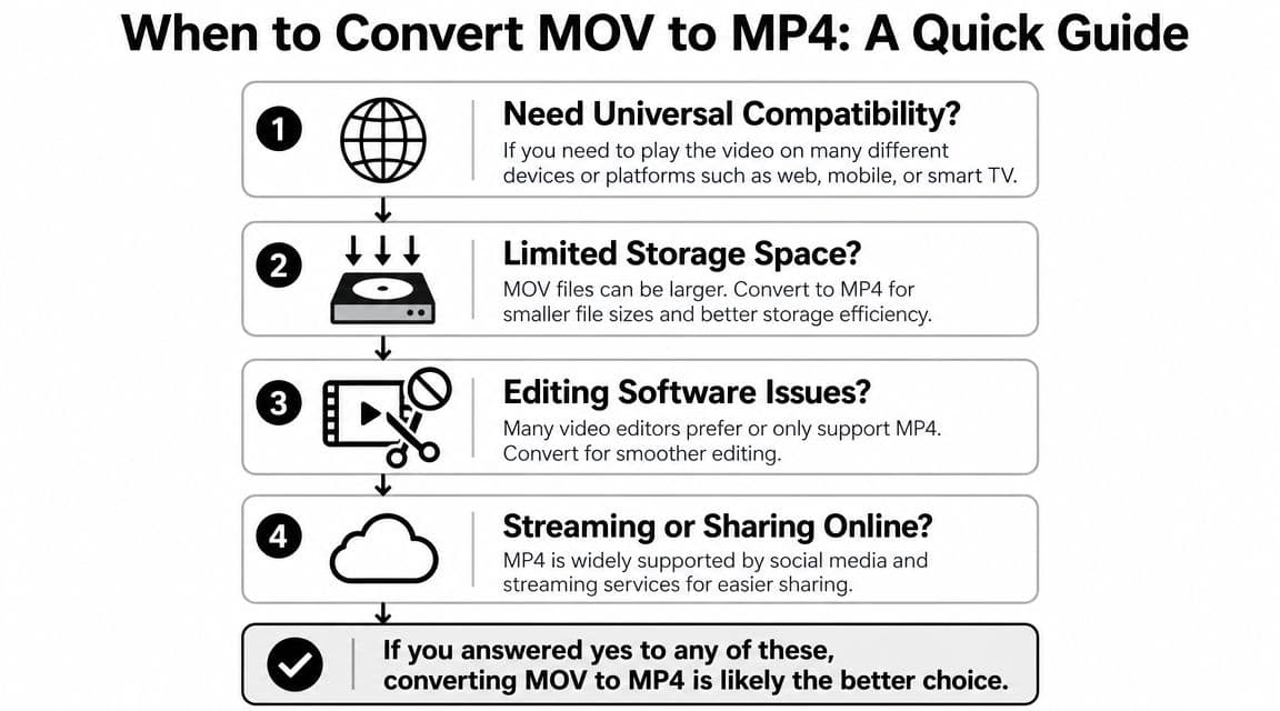 A quick infographic guide detailing four key scenarios when you should convert MOV video files to MP4 format.