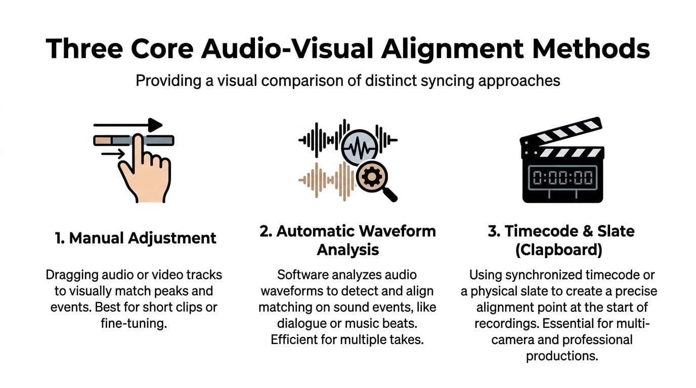 An infographic showing three professional methods for aligning audio and video tracks during the editing process.