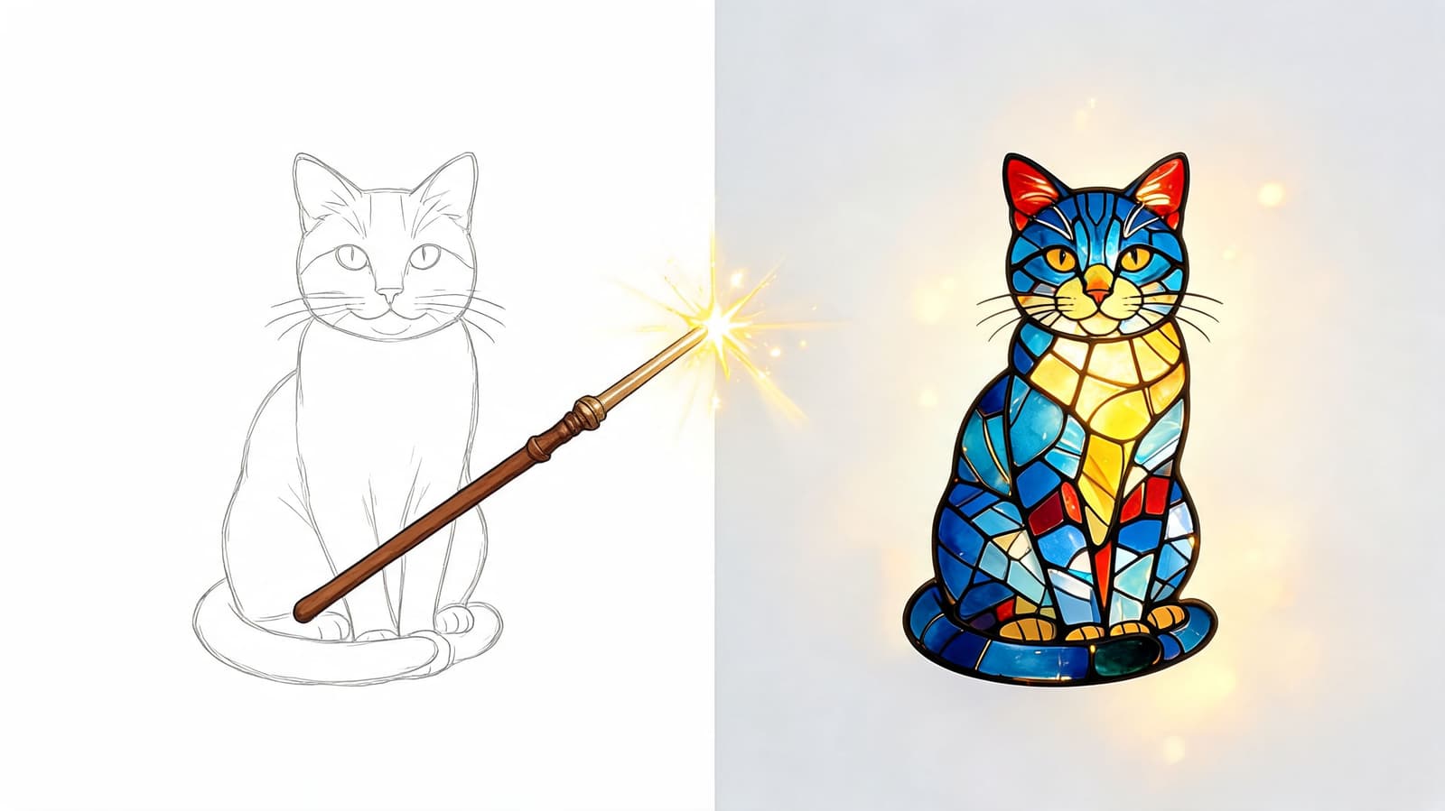 A split image showing a line art cat being transformed into a colorful stained glass cat.