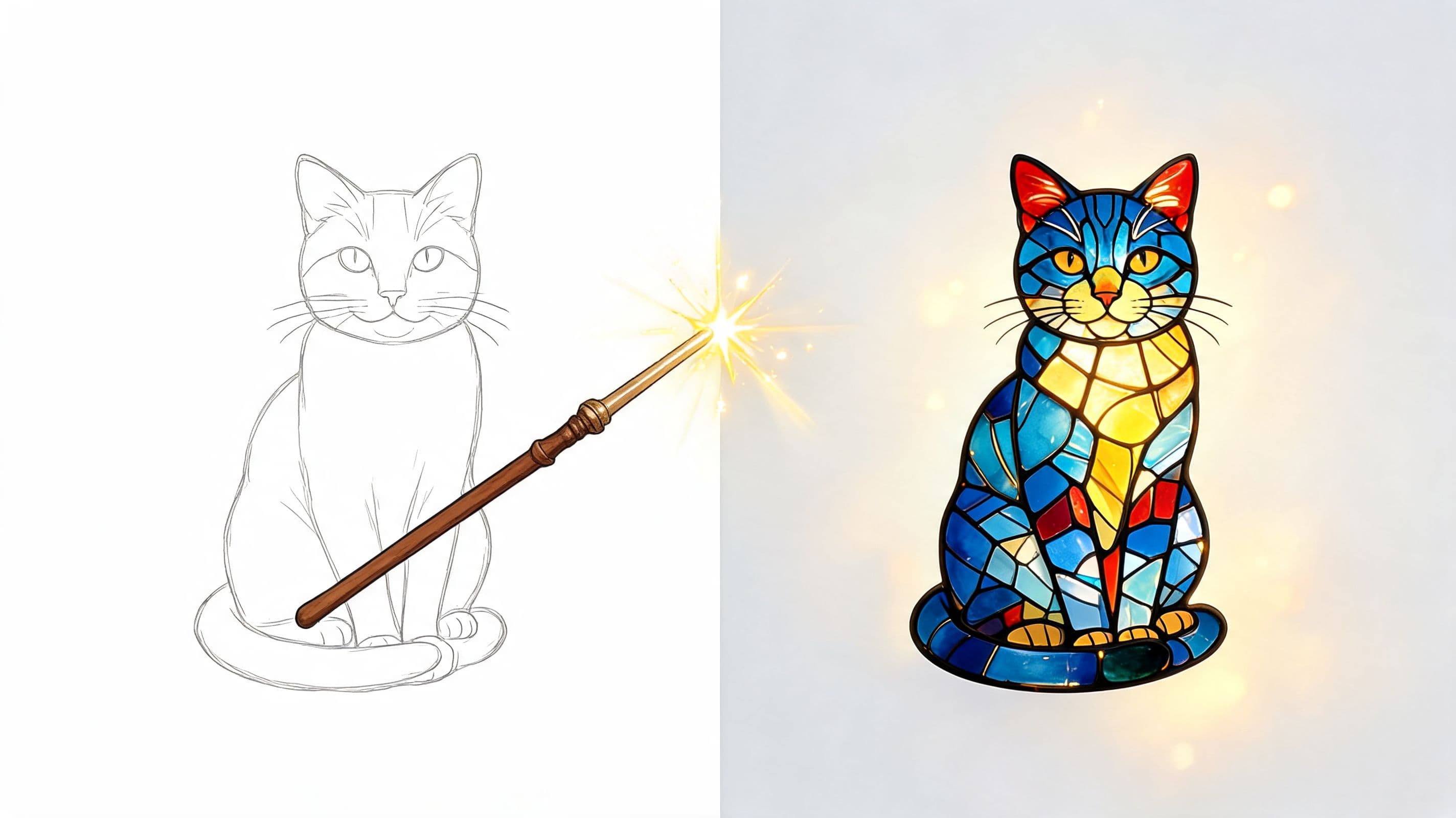 A split image showing a line art cat being transformed into a colorful stained glass cat.