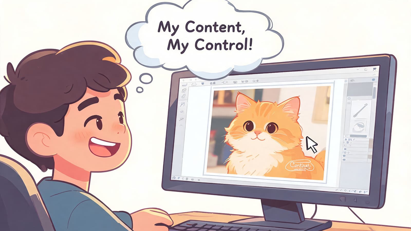 A young boy smiling happily while editing an illustration of a cute orange kitten on a computer.