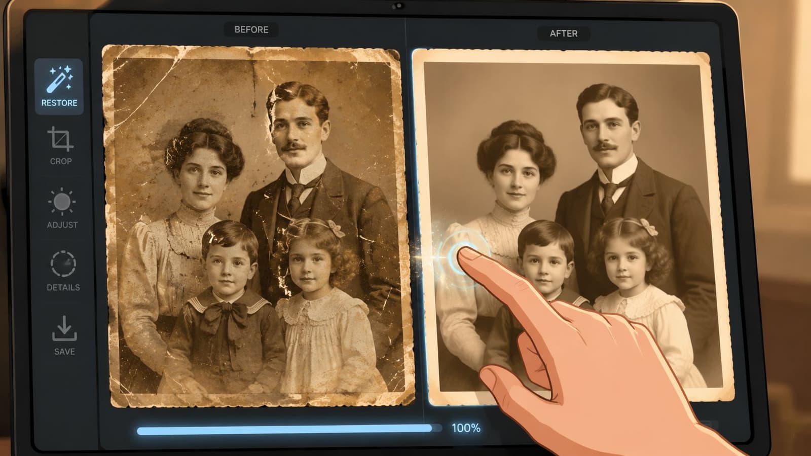 A digital tablet screen shows a side-by-side comparison of a vintage family portrait before and after restoration.