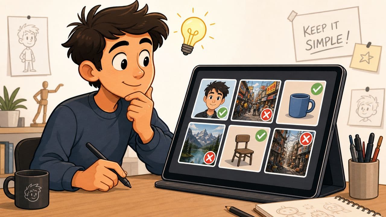 A digital artist sketching on a tablet, deciding between various image styles for an app video loop project.