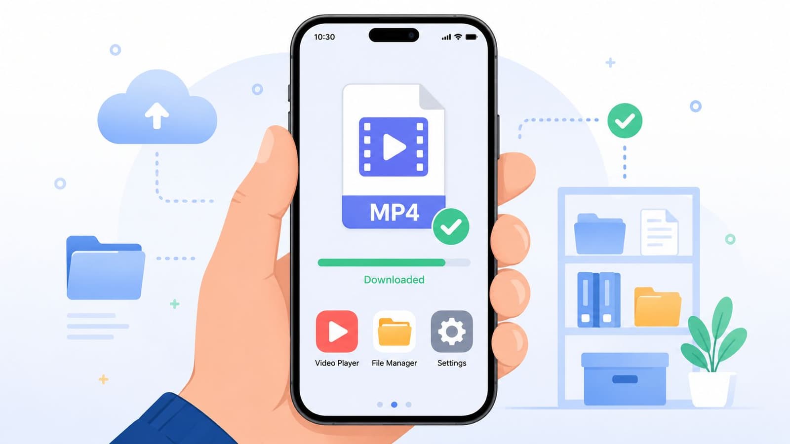 A hand holding a smartphone showing an MP4 video file being successfully downloaded in a mobile app.