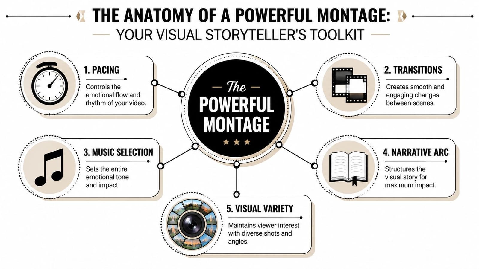 An infographic titled The Anatomy of a Powerful Montage outlining five key elements for effective video editing.