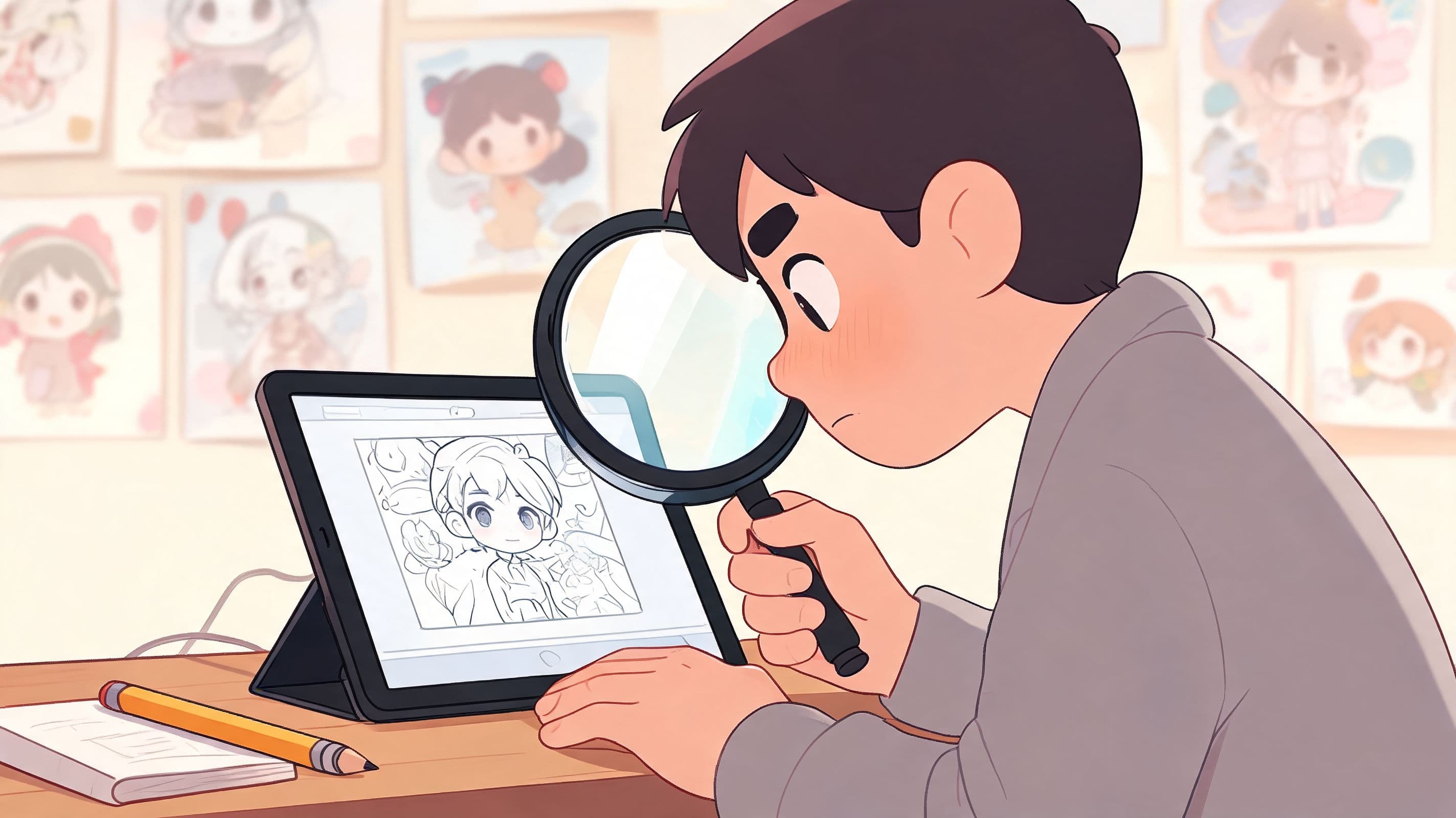 A young artist examining a digital illustration on a tablet screen with a magnifying glass.