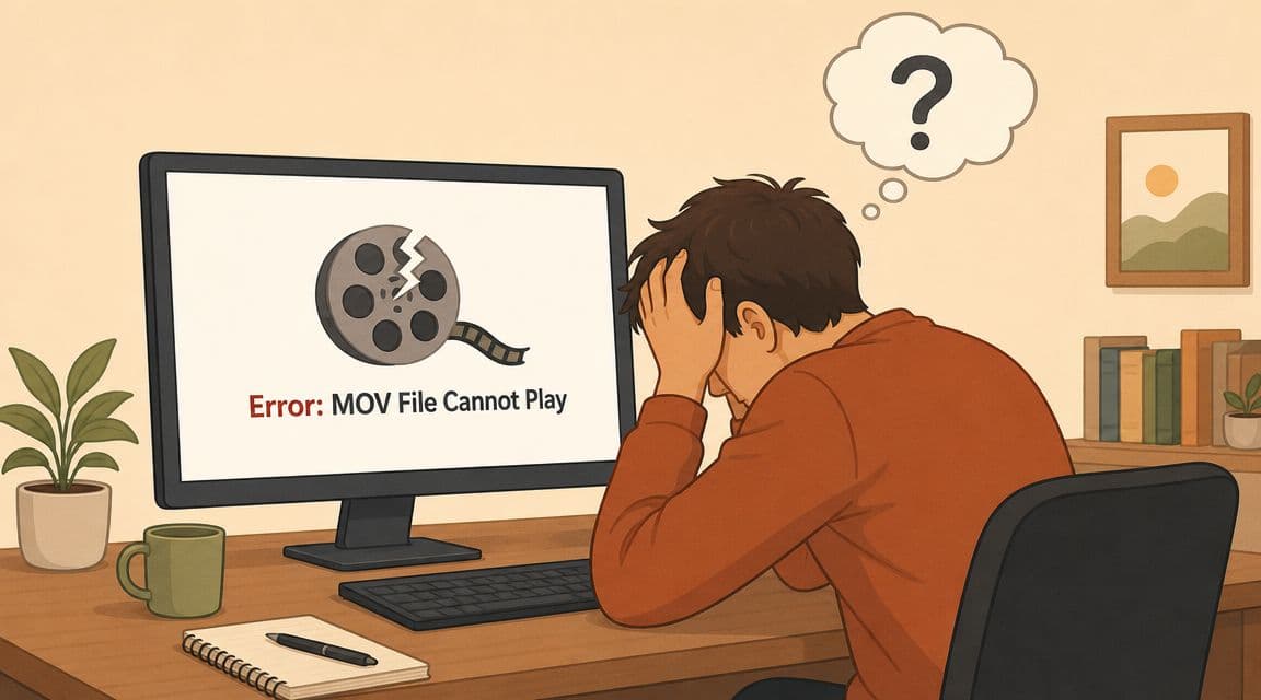 A frustrated person sitting at a desk looking at a computer screen displaying an MOV file error.