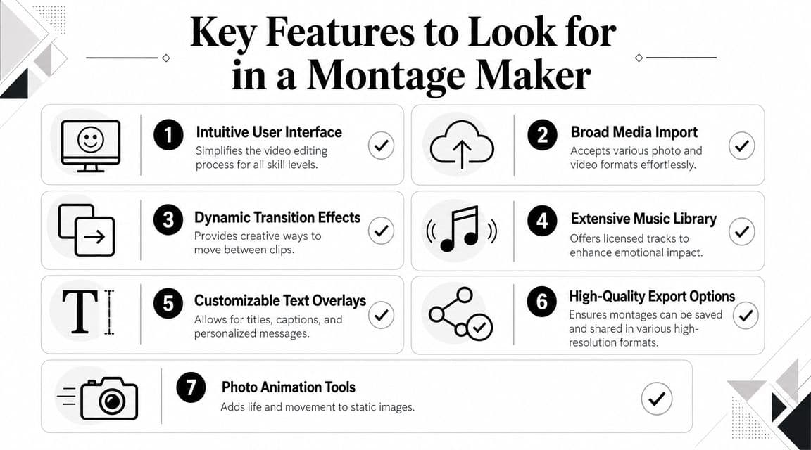 An infographic showing seven key features to look for when choosing a montage video maker software.