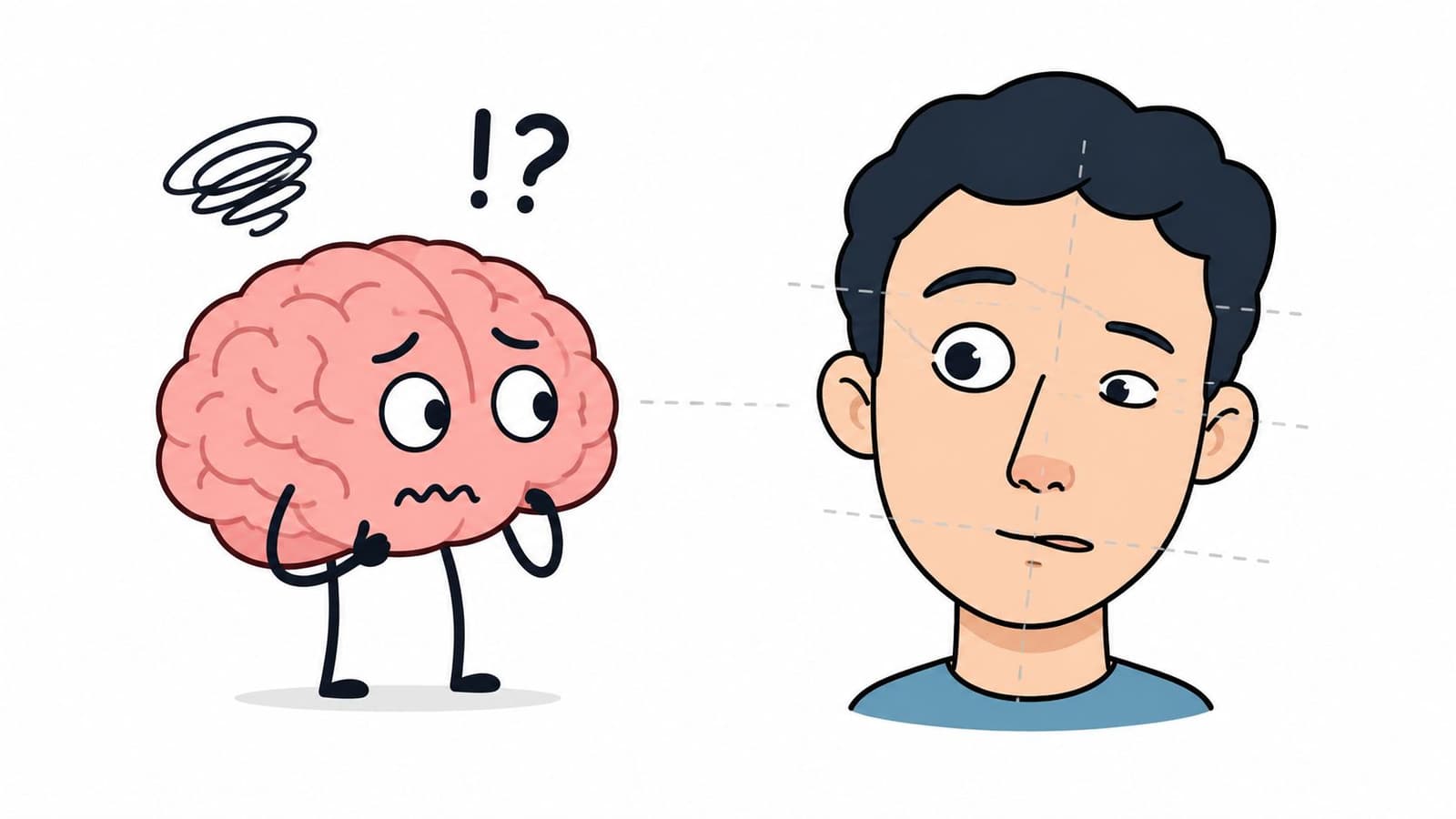 A cartoon brain character looks suspiciously at a human face with construction lines indicating animation proportions.