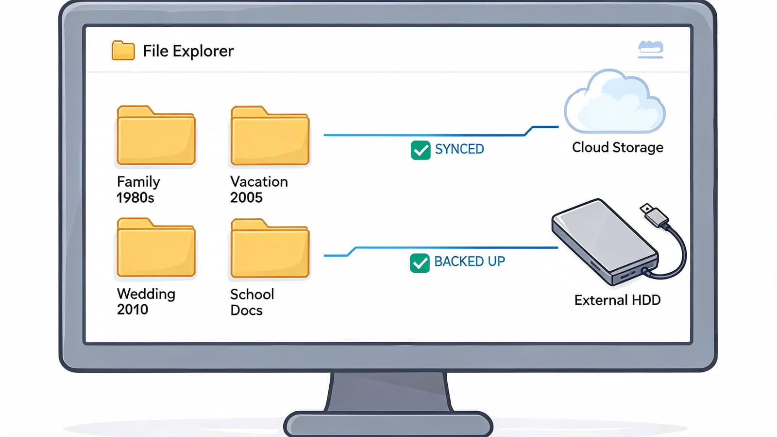 A digital file explorer interface showing folders synced to cloud storage and backed up to external hardware.