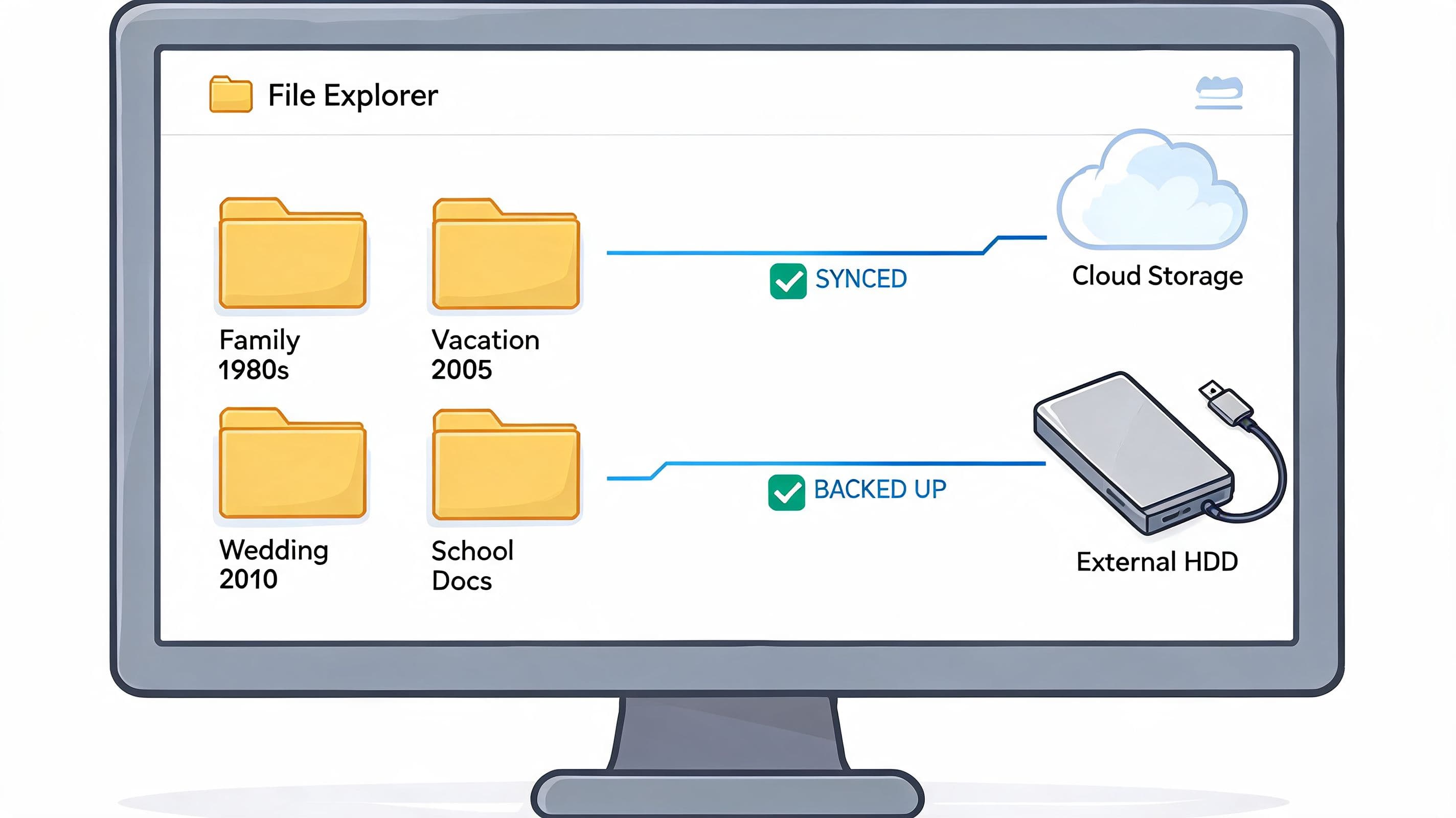 A digital file explorer interface showing folders synced to cloud storage and backed up to external hardware.