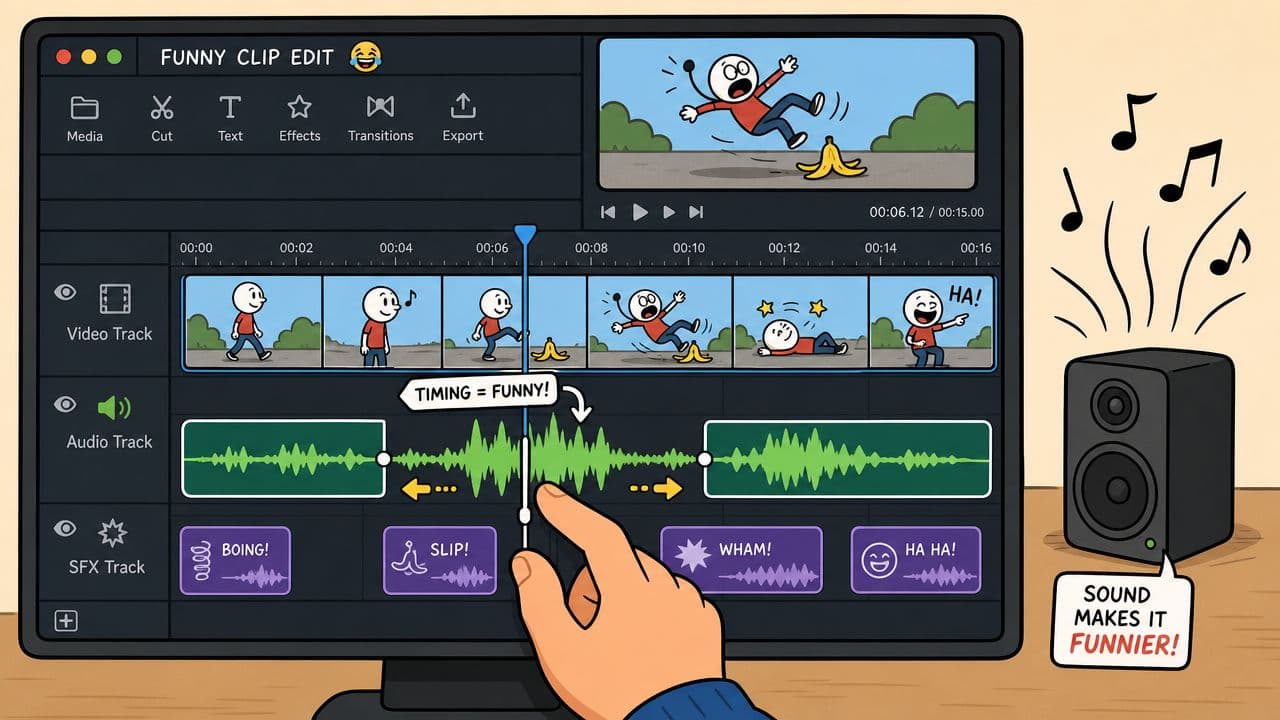 A digital screen showing a cartoon video editing interface with audio tracks and funny sound effects.