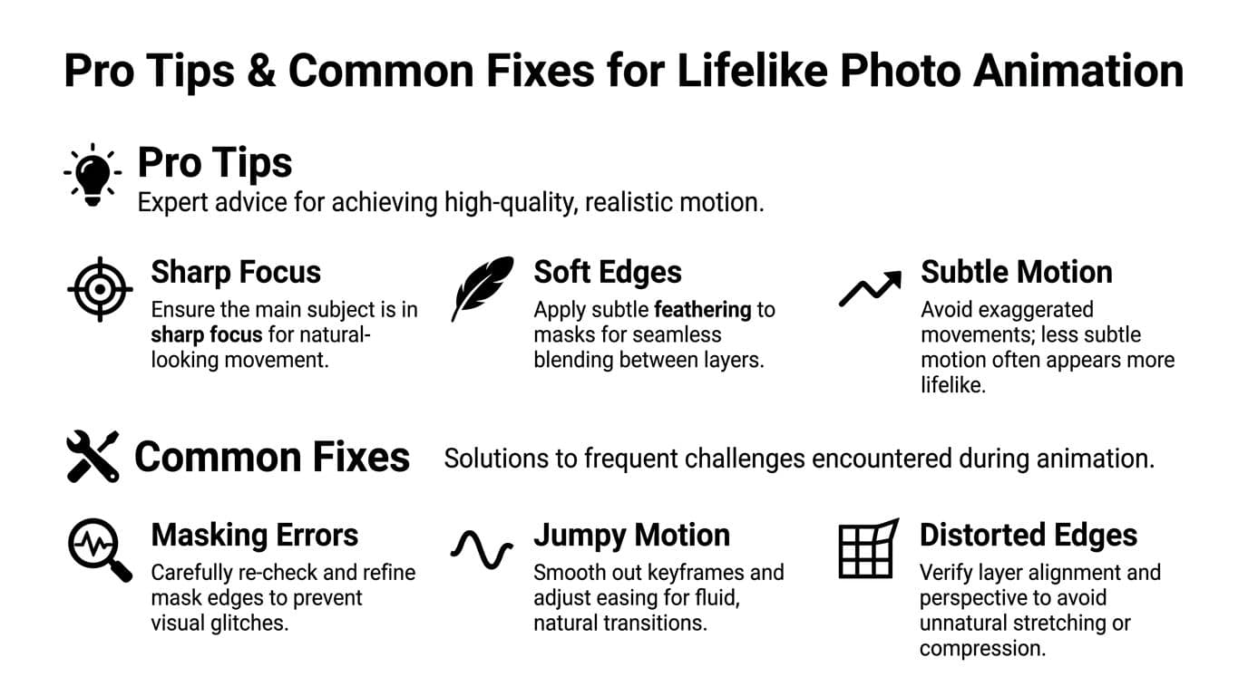 A guide infographic with tips and common fixes for creating lifelike and realistic photo animations.